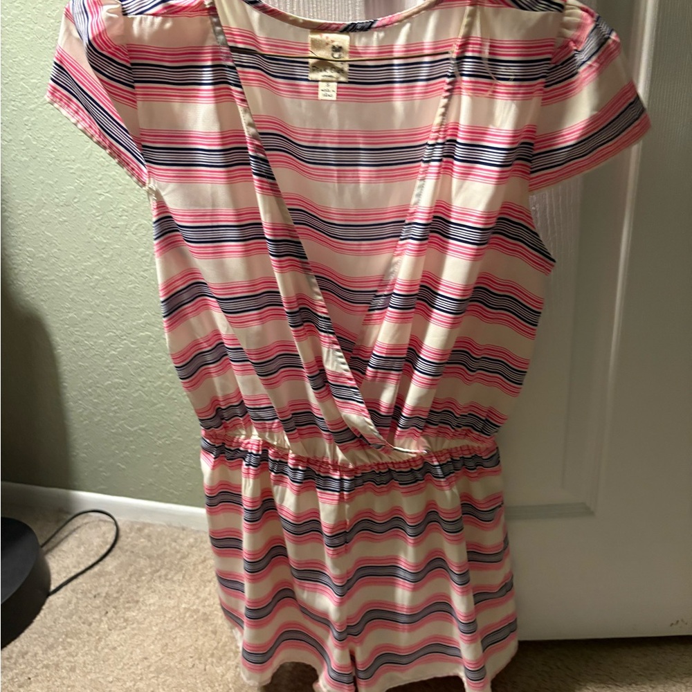 Pink Owl Pink, White, blue striped Cap Sleeve deep v neck romper